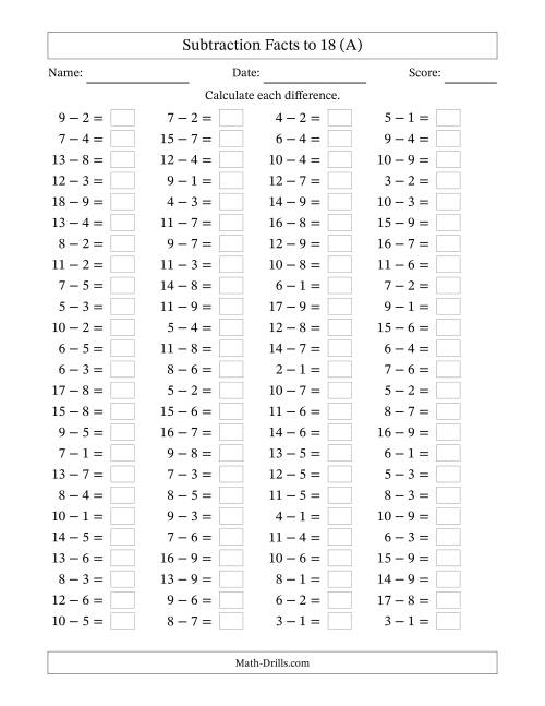 Horizontally Arranged Subtraction Facts with Minuends to 18 (100 ...