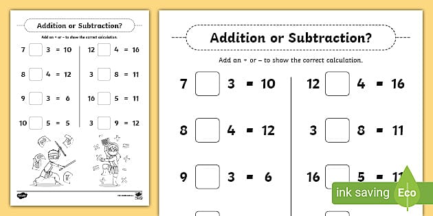 Addition or Subtraction Which Symbol Worksheet - Twinkl