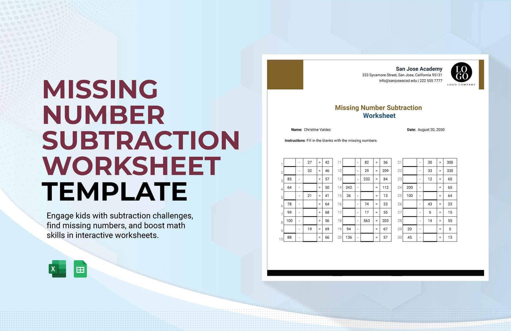 Missing Number Subtraction Worksheet in Excel, Google Sheets ...
