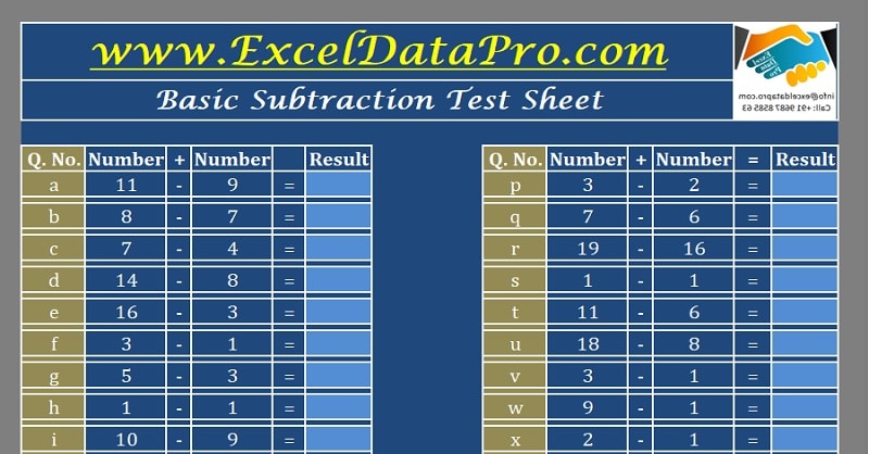 Download Basic Subtraction Test Sheet Excel Template - ExcelDataPro