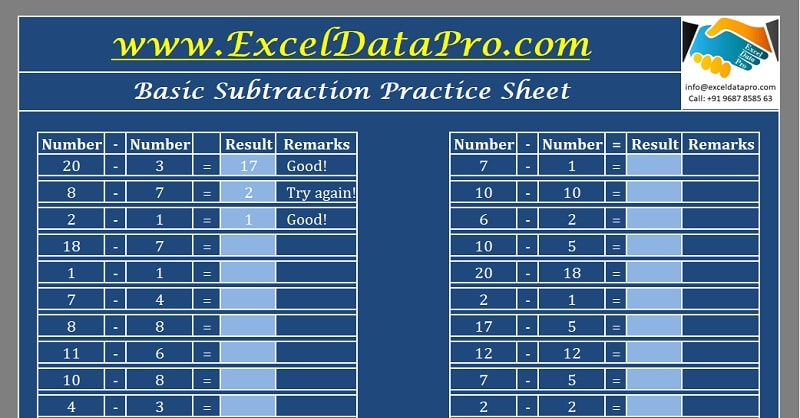 Download Basic Subtraction Practice Sheet Excel Template ...