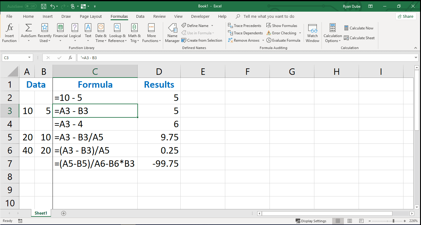 subtraction worksheet excel