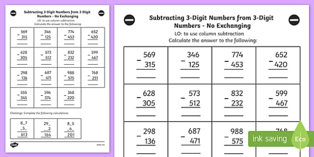 subtraction worksheet exchange