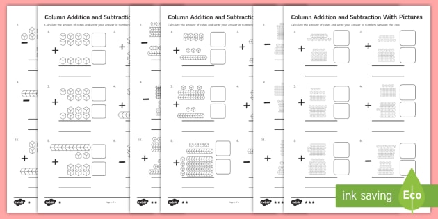 Column Subtraction and Addition with Pictures Worksheet