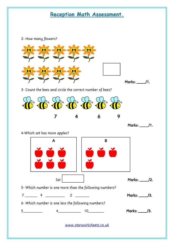 Great Assessment Reception Maths Worksheets PDF-Pack of 20.