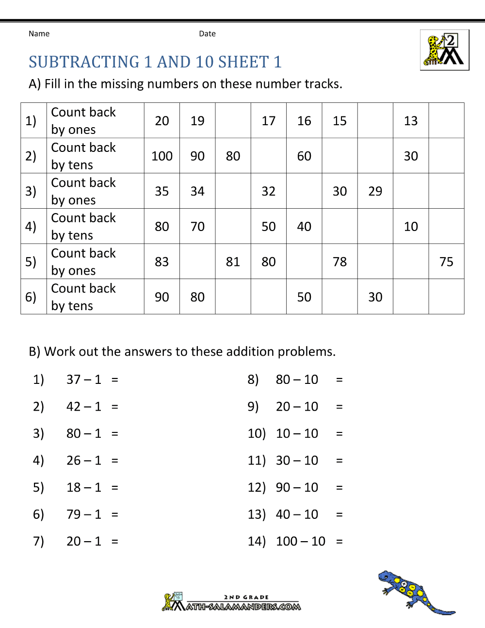 Subtract 1 10 100 Worksheets
