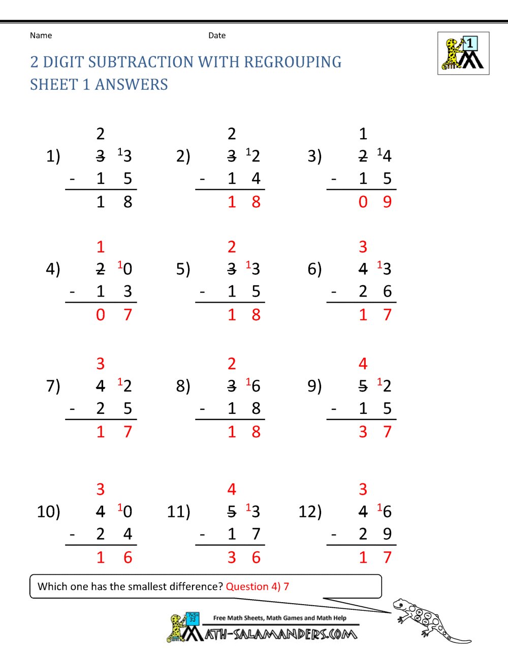 2 Digit Subtraction Worksheets