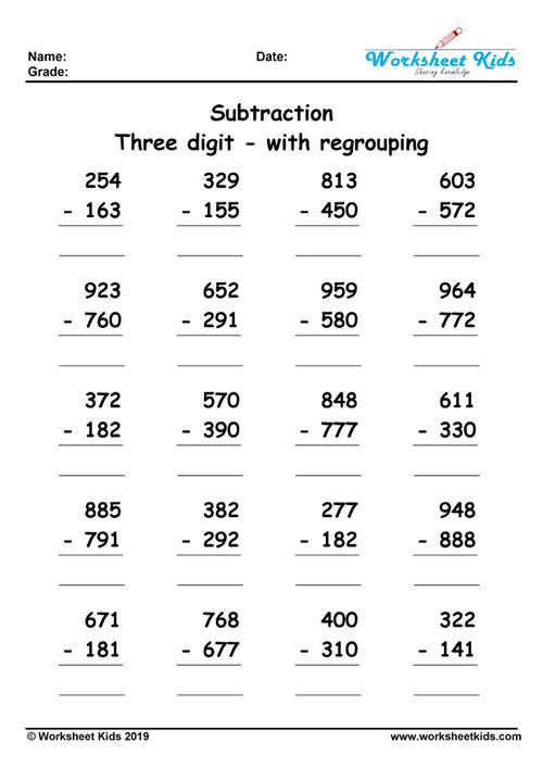 3 digit subtraction with regrouping worksheets for 2nd and 3rd ...