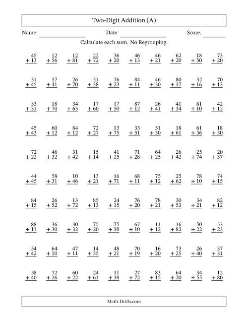 Two-Digit Addition With No Regrouping - 100 Questions (A)