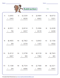 subtraction worksheet for 4th graders