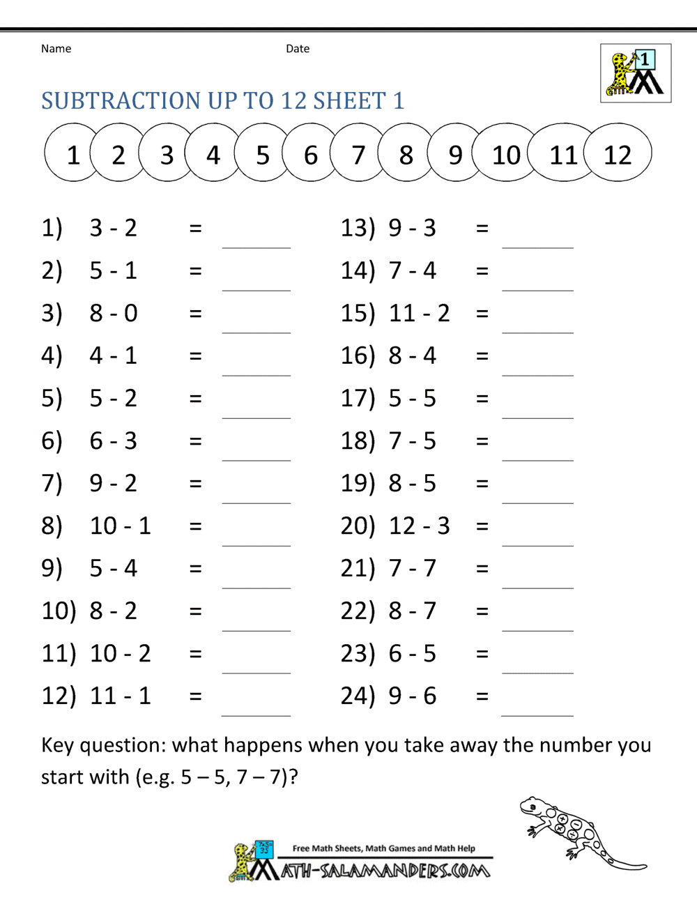 subtraction worksheet for first grade