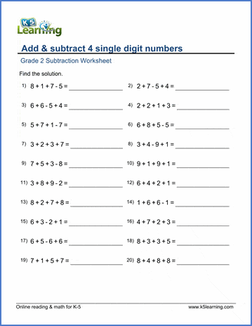 Grade 2 Math Worksheet: Add and subtract 4 single-digit numbers ...