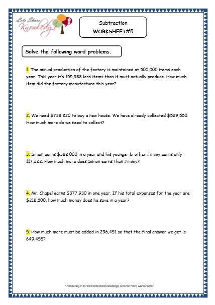 Grade 4 Maths Resources (1.5.3 Subtraction Word Problems Printable ...