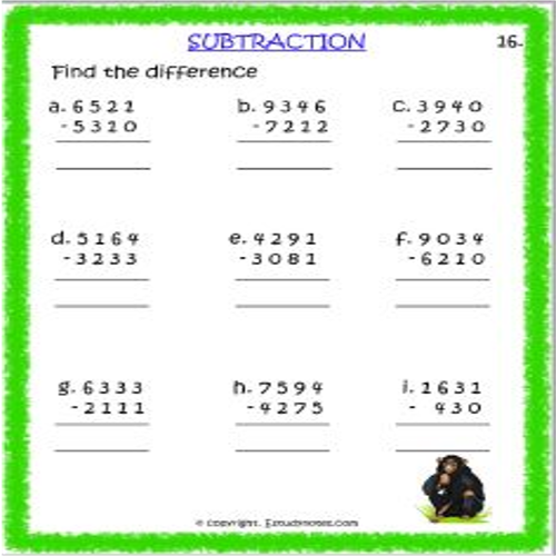 subtraction worksheet for grade