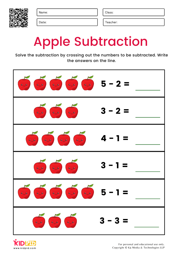 Apple Subtraction Worksheets for Kids - Kidpid