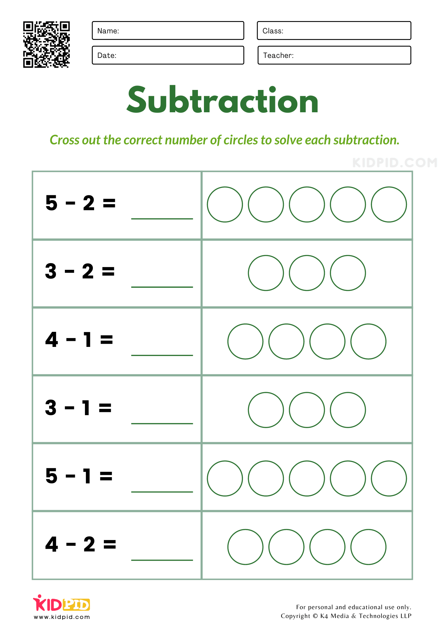 subtraction worksheet for kindergarten