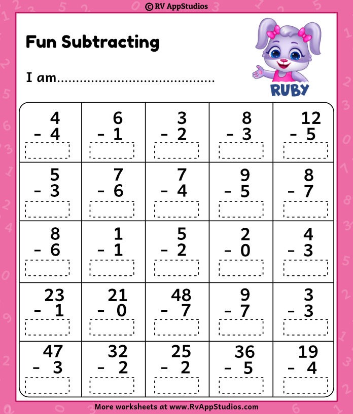 Subtraction Worksheet for Kindergarten. Free Printable.