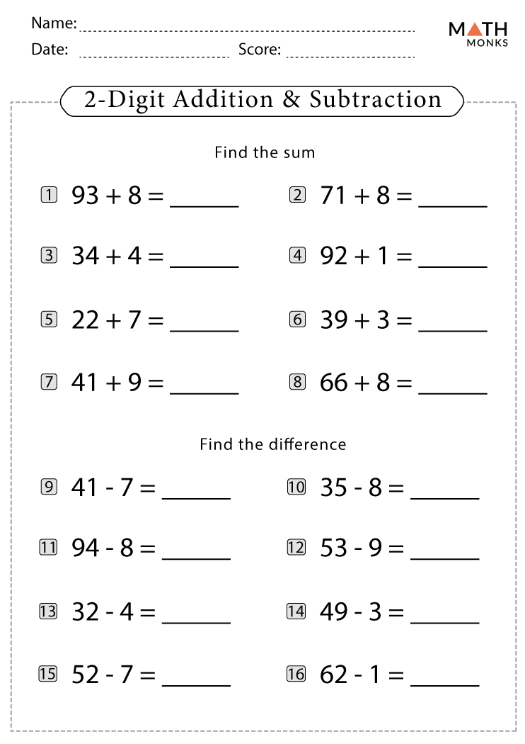 2nd Grade Addition and Subtraction Worksheets with Answer Key