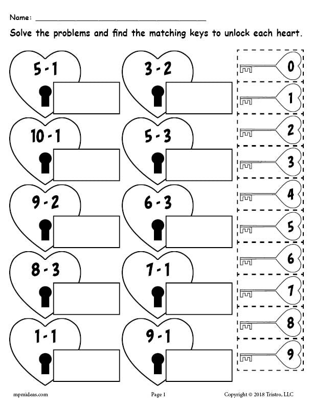 3 Printable Valentines Day Subtraction Worksheets!