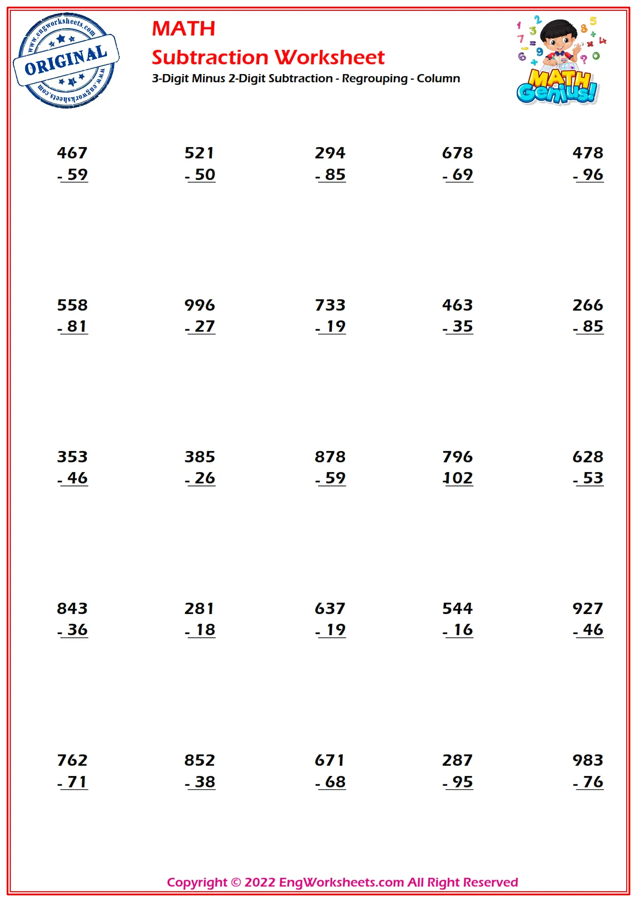 subtraction worksheet free regrouping