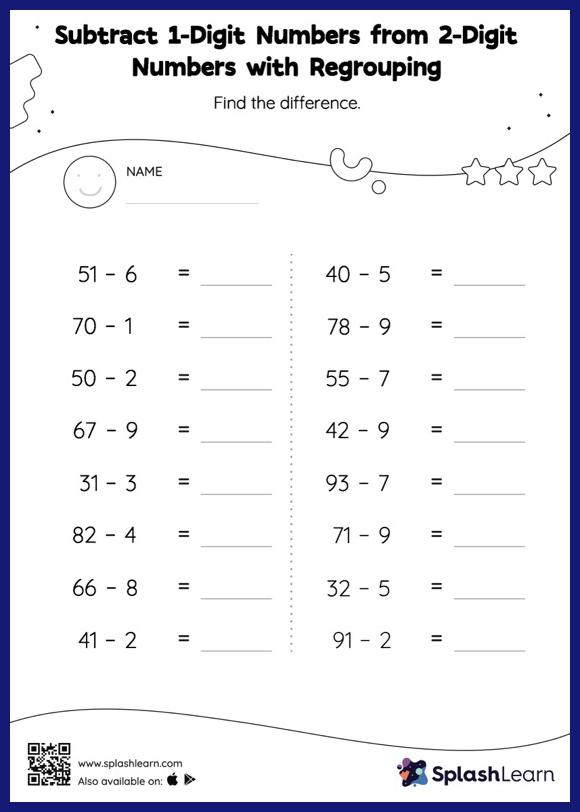 2-digit Subtraction with Regrouping Worksheets for 1st Graders Online