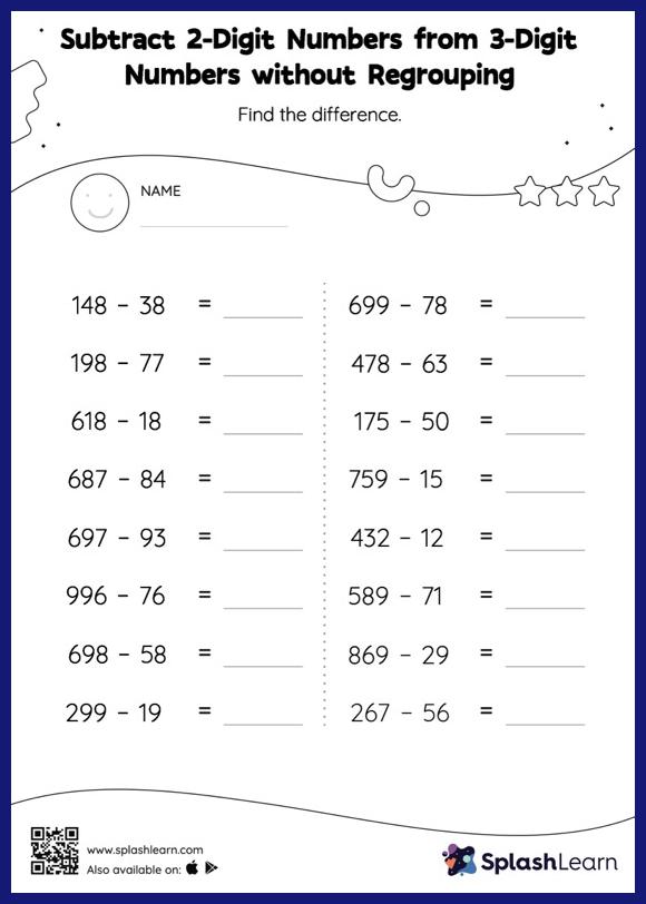 Subtract 2-Digit Numbers from 3-Digit Numbers without Regrouping ...