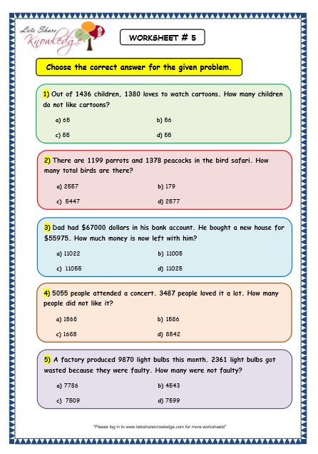 Grade 3 Maths Worksheets: Subtraction (4.4 Addition and ...