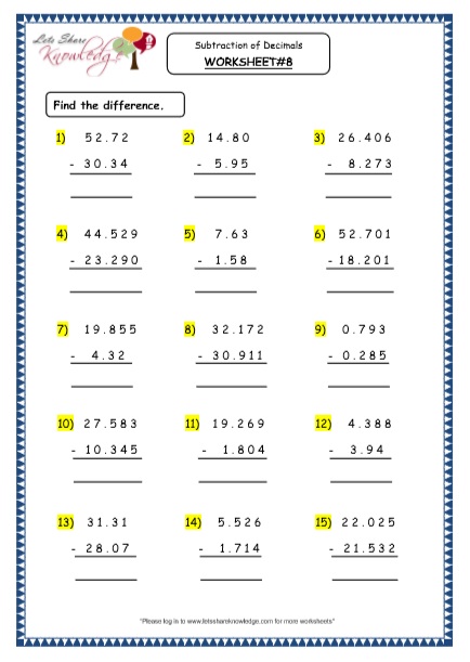 Grade 4 Maths Resources (3.6 Subtraction of Decimals Printable ...