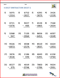 4 Digit Subtraction Worksheets