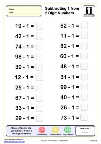 Subtracting 1 from two digit numbers (50 questions) | PDF ...