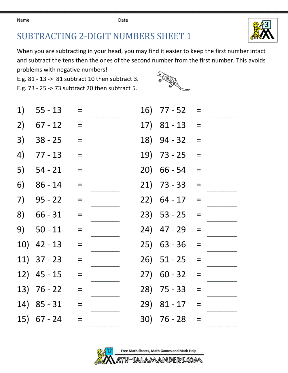 Third Grade Subtraction Worksheets