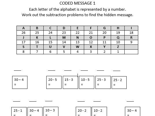 Fun Coded Message Subtraction Practice Worksheets  