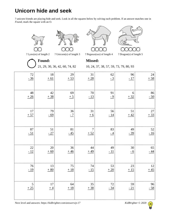 KidBrighter | Mixed Addition And Subtraction Worksheet for Grade 2