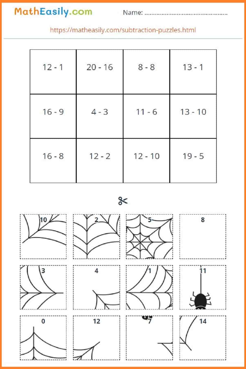 Math subtraction puzzles up to 20