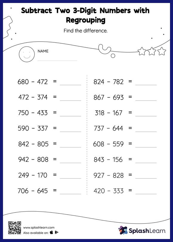 Subtract Two 3-Digit Numbers with Regrouping: Horizontal ...