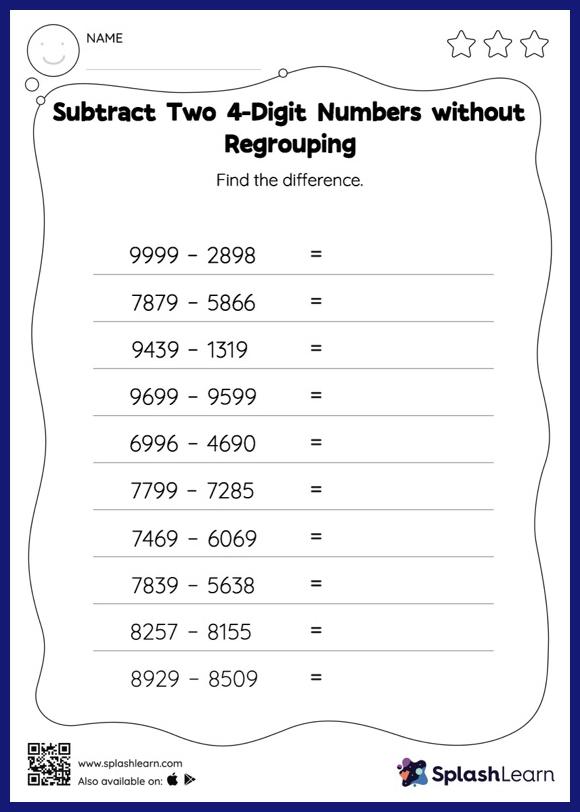 Subtract Two 4-Digit Numbers without Regrouping: Horizontal ...