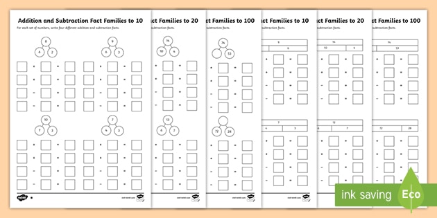 Addition and Subtraction Fact Family Part Whole Model Worksheet