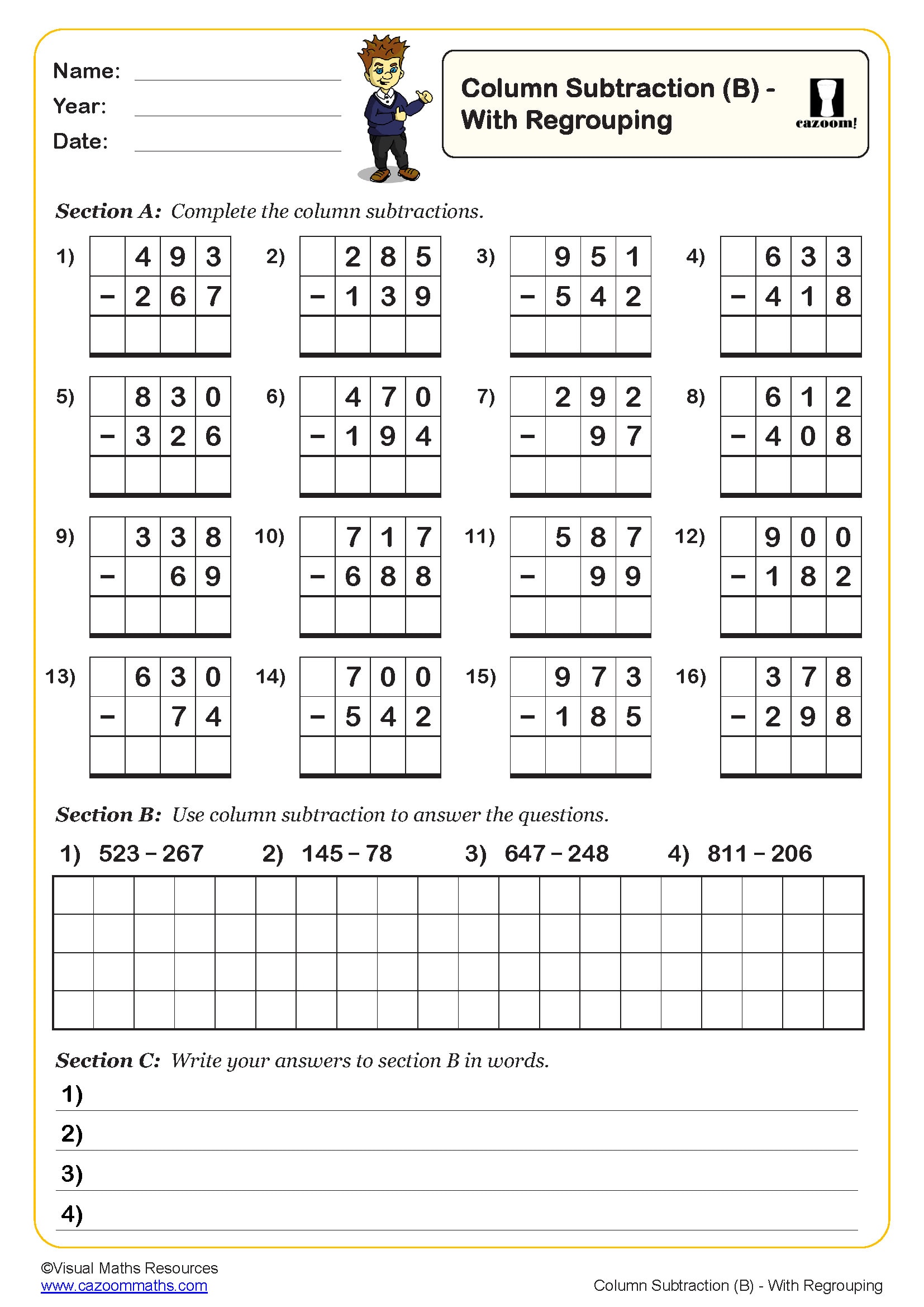Column Subtraction (B) Worksheet Fun and Engaging Year 3 PDF Worksheets Library
