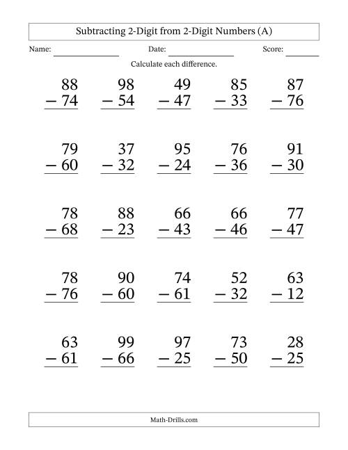 Subtracting 2-Digit from 2-Digit Numbers With No Regrouping (25 ...