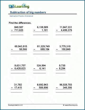 subtraction worksheet large