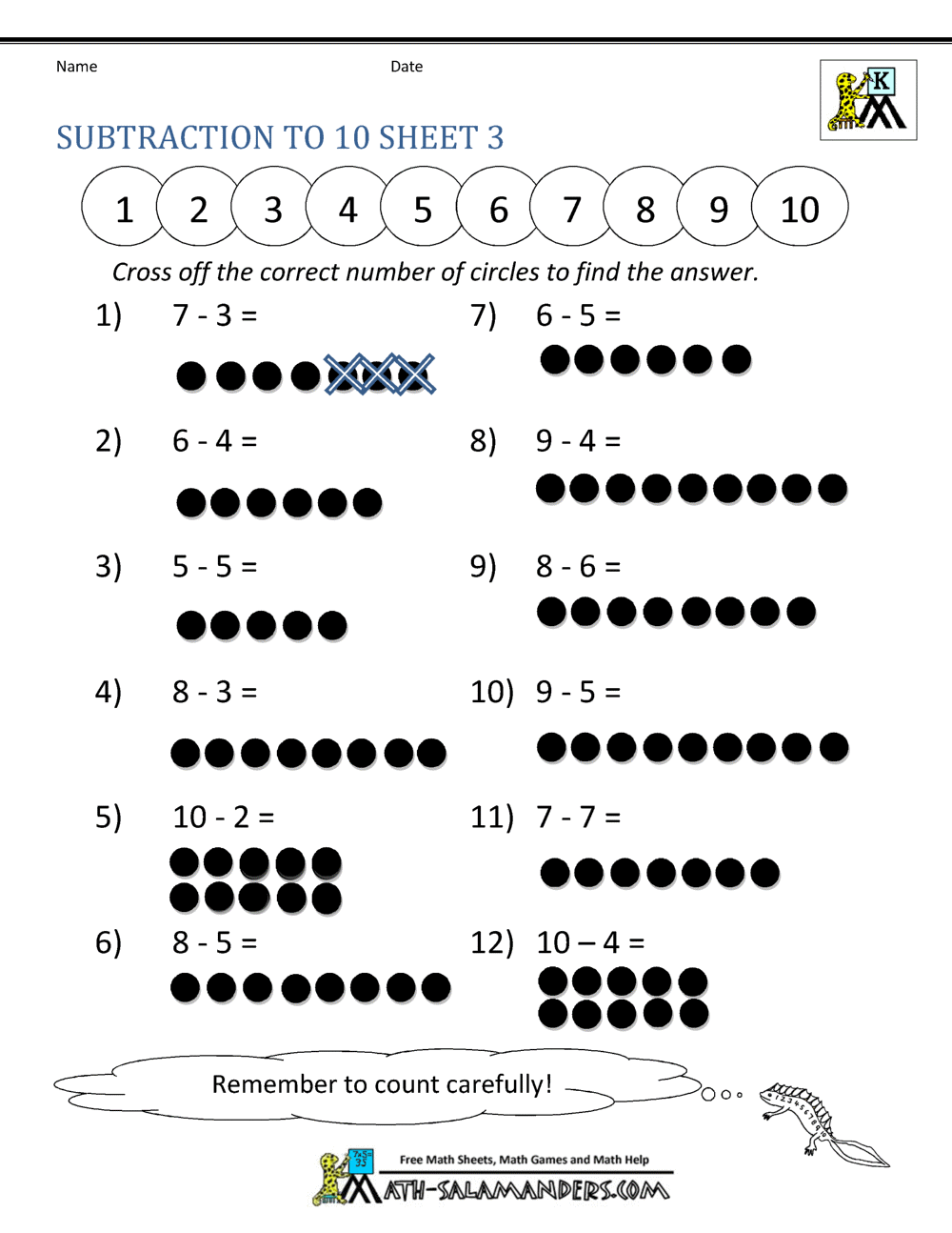 subtraction worksheet less than 10