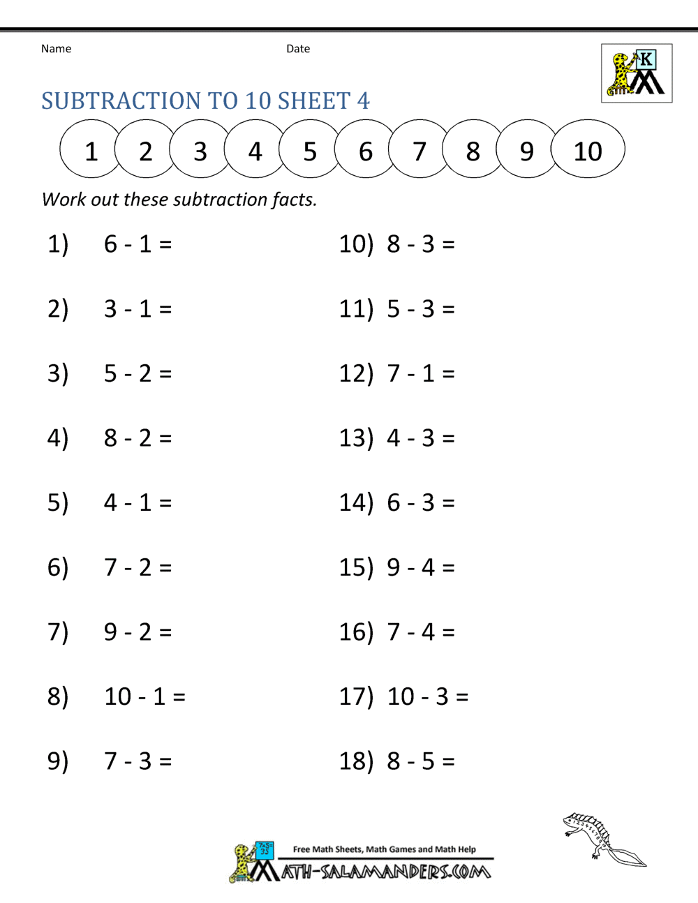 Subtraction to 10 Worksheets