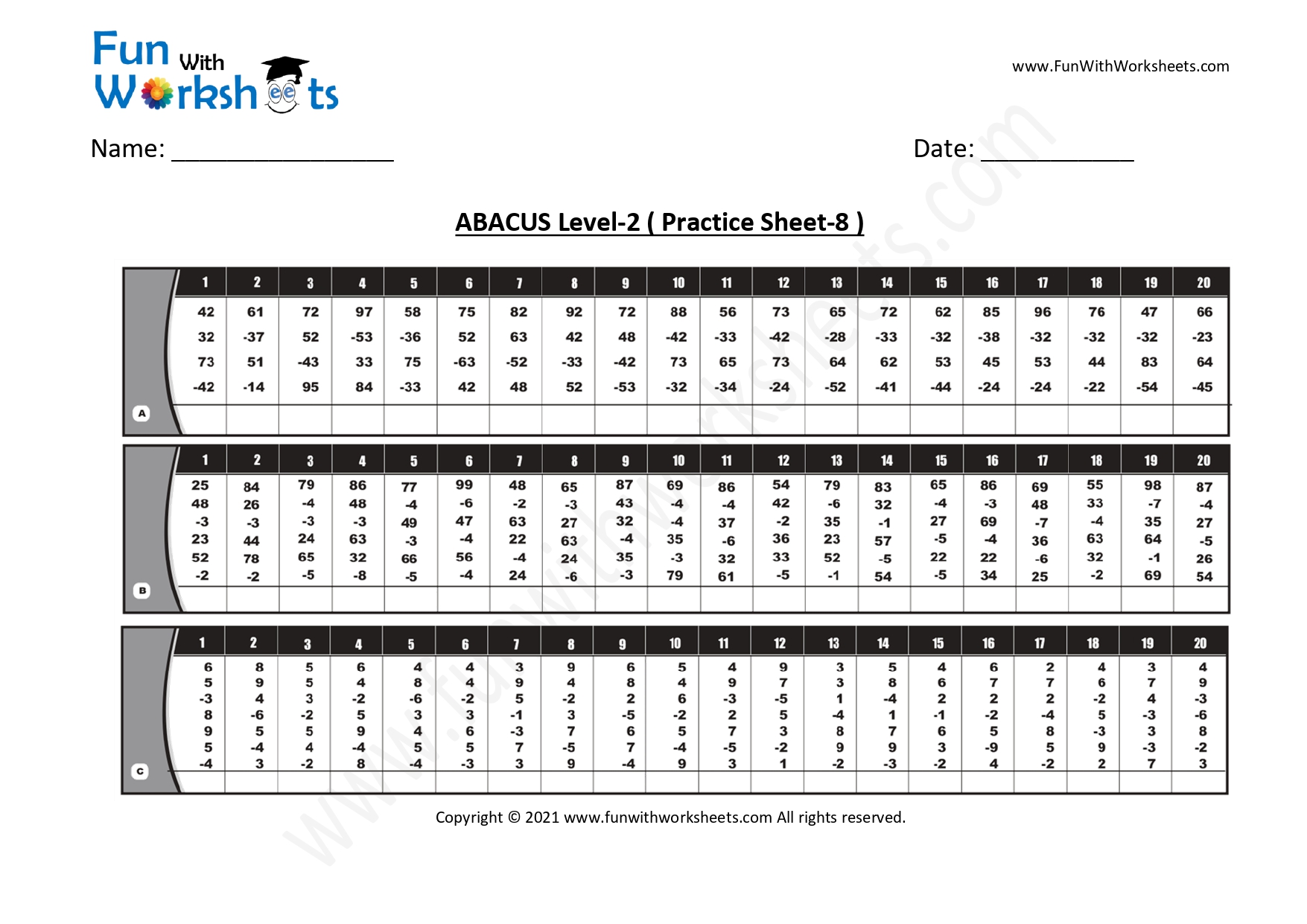Abacus Practice worksheets Level 2 - Funwithworksheets.com