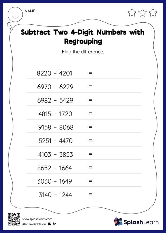 4-digit Subtraction Worksheets for Kids Online