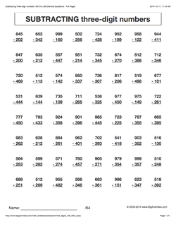 Grade 4 - Math Worksheets (Vertical Subtraction)