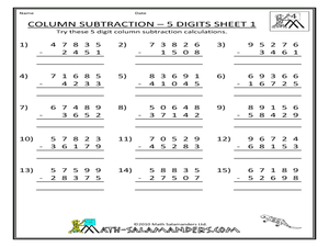 Column Subtraction-5 Digits, Sheet 1 Worksheet for 3rd - 5th Grade ...