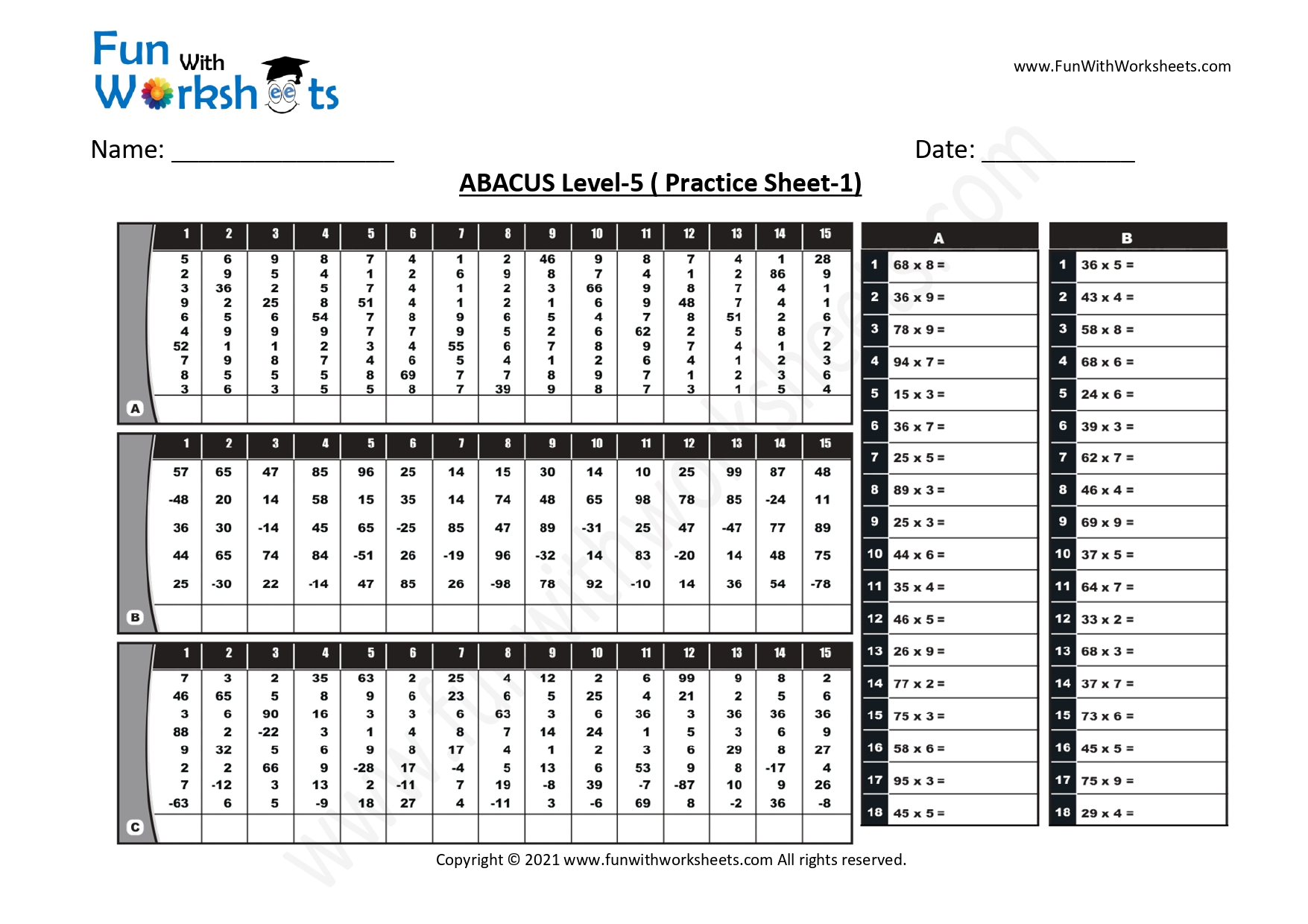 Abacus Practice worksheets Level 5 - Funwithworksheets.com