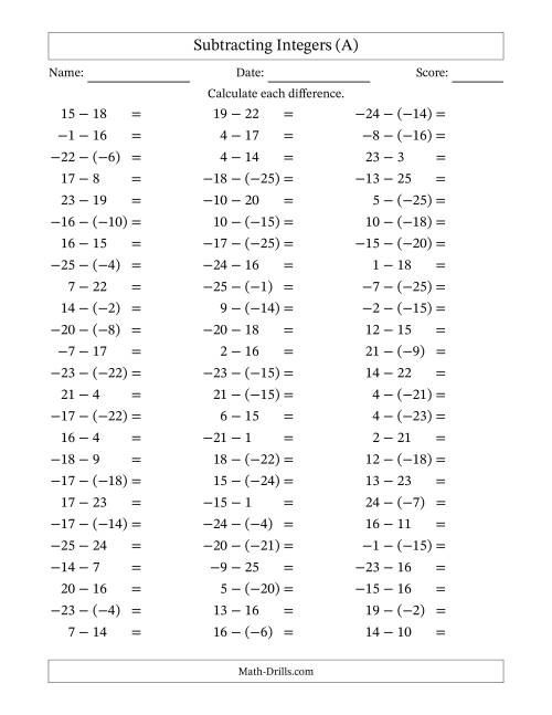 Subtracting Mixed Integers from -25 to 25 (75 Questions) (A)