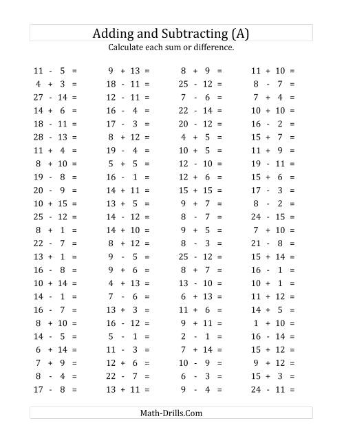 100 Horizontal Addition/Subtraction Questions (Facts 1 to 15) (A)