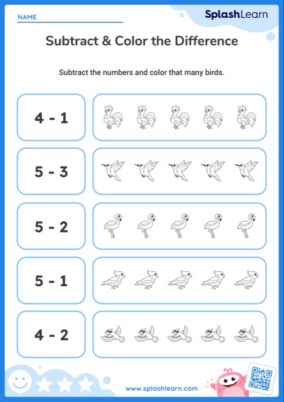 Subtract and Color Birds (Within 5) — Printable Math Worksheet